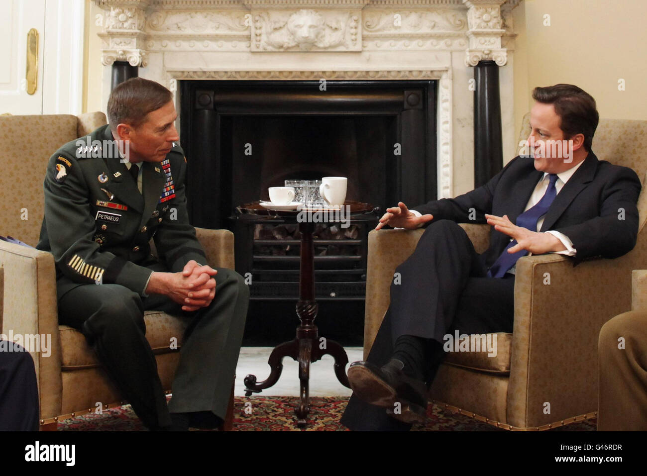 Commander of the NATO International Security Assistance Force (ISAF), and US Forces in Afghanistan, General David Petraeus (left) has a meeting with Prime Minister David Cameron (right) at 10 Downing Street in London. Stock Photo