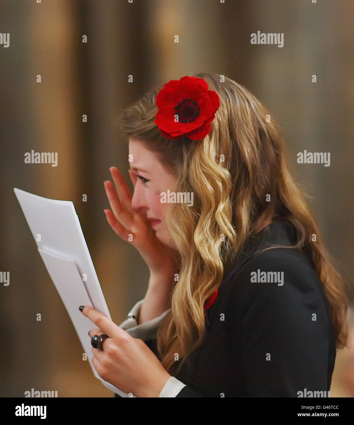 New Zealand opera singer Hayley Westenra weeps during her testimonial at the Christchurch Earthquake Memorial service at Westminster Abbey, London. Stock Photo