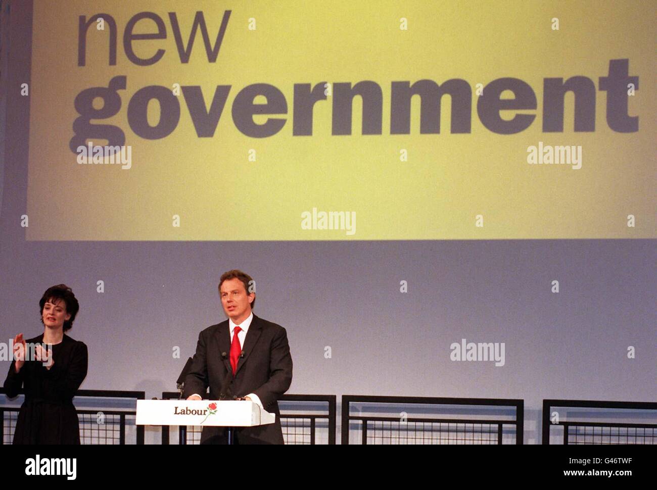 Leader of the Labour Party Tony Blair and his wife Cherie address a