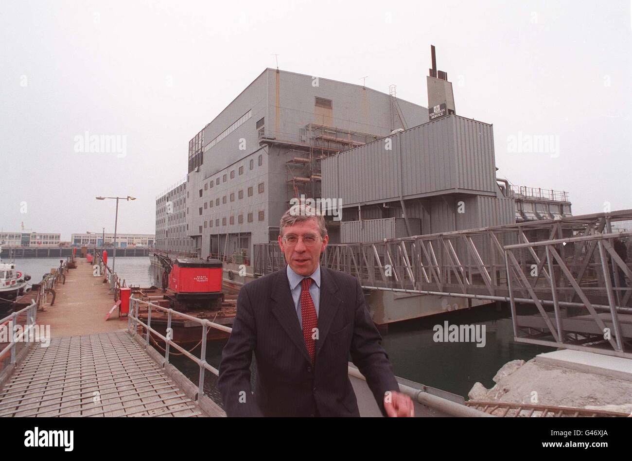 Home Secretary Jack Straw during a visit to HMP Weare this afternoon (Friday), the prison ship moored at Portland harbour. Mr Straw said that although he had yet to take a final decision on its suitability, the alternative would probably be to house inmates in police cells which would almost certainly be unacceptable. See PA Story PRISON Ship. (Independent Pool pic). PA Photos. Stock Photo