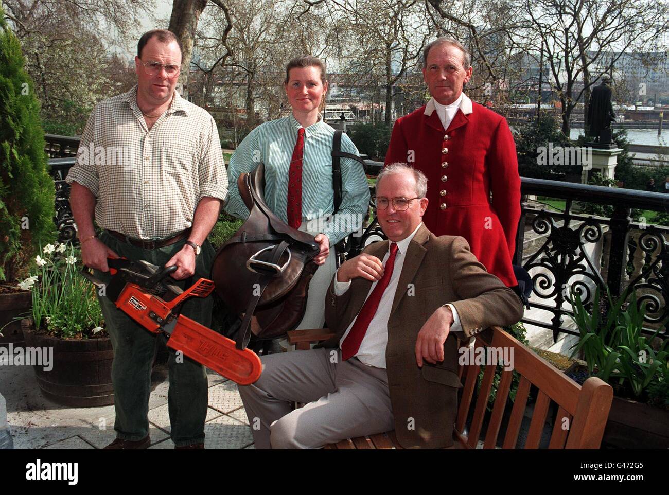 Alan Loughran, Game Keeper, Pat Maguire, Groom, Peter Jones, Huntsman and John Fretwell, Huntsman and Chairman of the Union of Country Sports workers (sitting). The Union of Country Sports Workers was launched in London today (Wednesday) with an appeal for support from all those dependent on field sports or who supply goods and services to the countryside. Mr Fretwell said more than 90,000 full time jobs were at stake, the number cound increase to 160,000 if part time worker were included. Photo by Michael Stephens/PA. Stock Photo