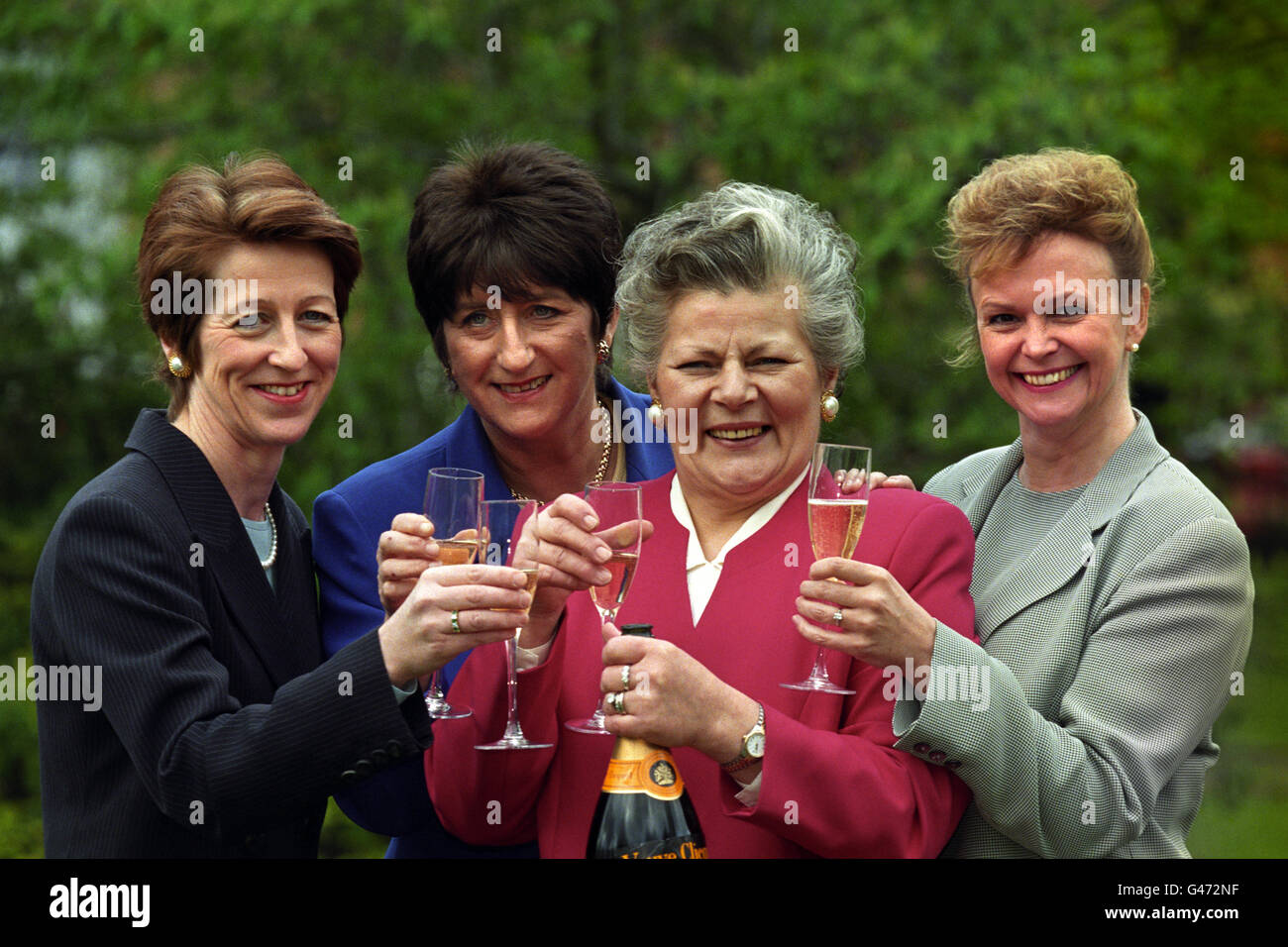 The shortlist for the 1996 Veuve Clicquot Award, Business Woman of the Year were announced at Mosimann's Belfry in London. The finalists included (from left to right) Bridget Blow, Managing Director of ITnet, Andrea Wonfor, Joint Managing Director of Granada Productions, Virginia Lopalco, Co-Founder and Product Development Director of Pasta Reale, Sue Lyons, Deputy Managing Director & Director of Customer Operations, Rolls-Royce Military Aero Engines Ltd. Nicola Foulston, Chief Executive of Brands Hatch Leisure plc, has also been shortlisted but was unable to attend. Stock Photo