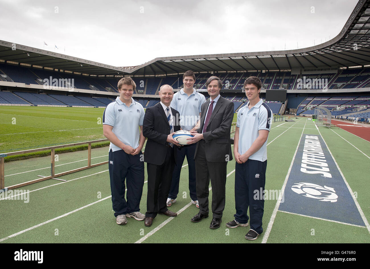 Three of the most promising young talents in the Scottish game will be given the opportunity of a lifetime to immerse themselves in New Zealand rugby and culture after today being named as the joint recipients of this season's prestigious John McPhail scholarship. L to R George Turner,(Stewart's Melville FP) Graham Lowe, (Scottish Rugby's Director of Performance rugby) Grant Gilchrist, (Edinburgh / Stirling County), Duncan Munro, (Director, The Robertson Scholarship Trust) and Harry Leonard, (Edinburgh / Boroughmuir). Pic Kenny Smith, Kenny Smith Photography 6 Bluebell Grove, Kelty, Fife, KY4 Stock Photo