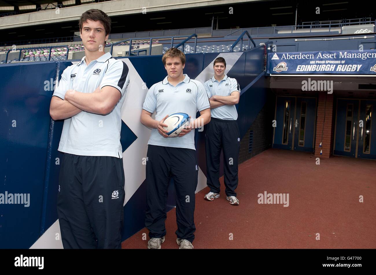 Recipients of the John McPhail scholarship (left to right) Harry Leonard (Edinburgh/Boroughmuir), George Turner (Stewart's Melville FP) and Grant Gilchrist (Edinburgh/Stirling County) during a media call at Murrayfield, Edinburgh. Stock Photo