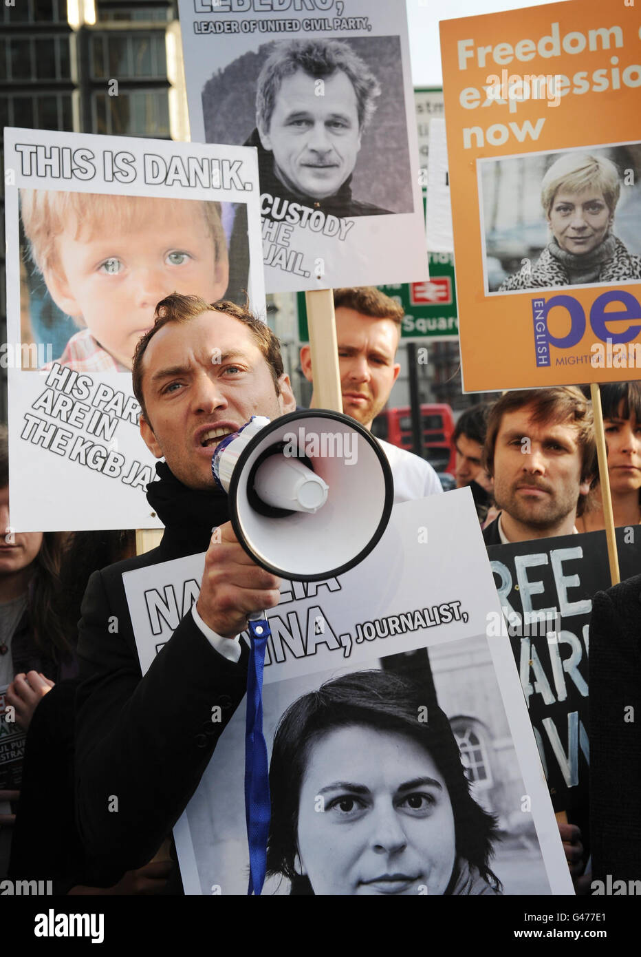 Actor Jude Law marches to Westminster in London with demonstrators, during a march to highlight the need for free speech in Belarus. Stock Photo