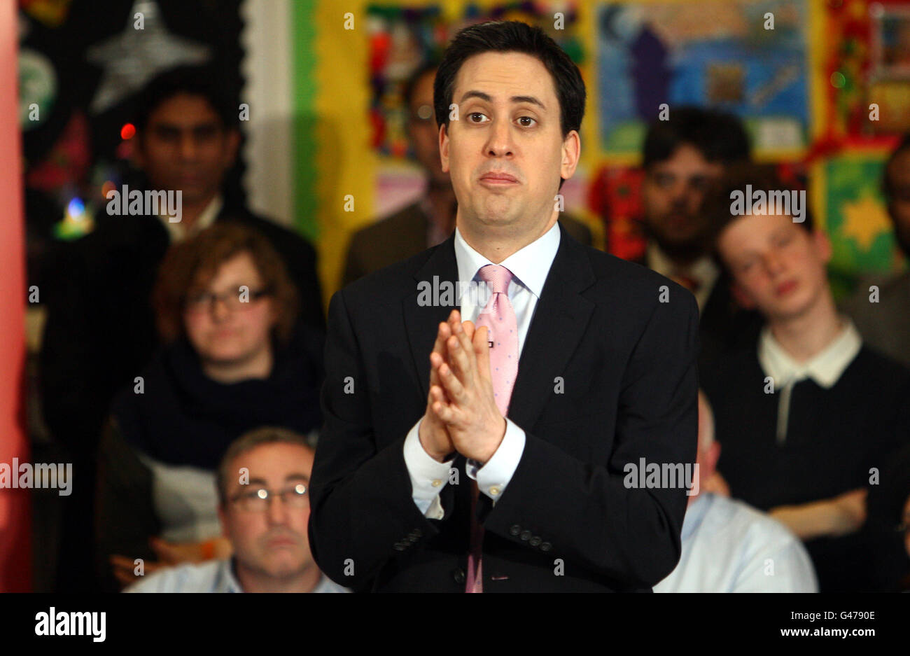Labour Party leader Ed Miliband, launches Labour's local election campaign at Perry Common Junior and Infants School, Birmingham. Stock Photo