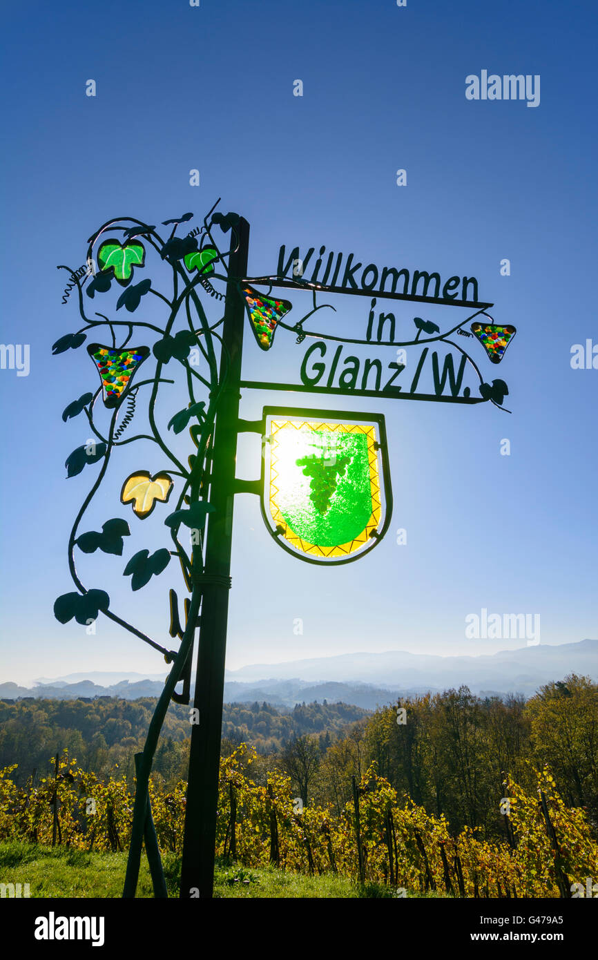 Welcome sign for Glanz an der Weinstraße and vineyards - South Styrian Wine Road, Austria, Steiermark, Styria, Südwest-Steiermar Stock Photo