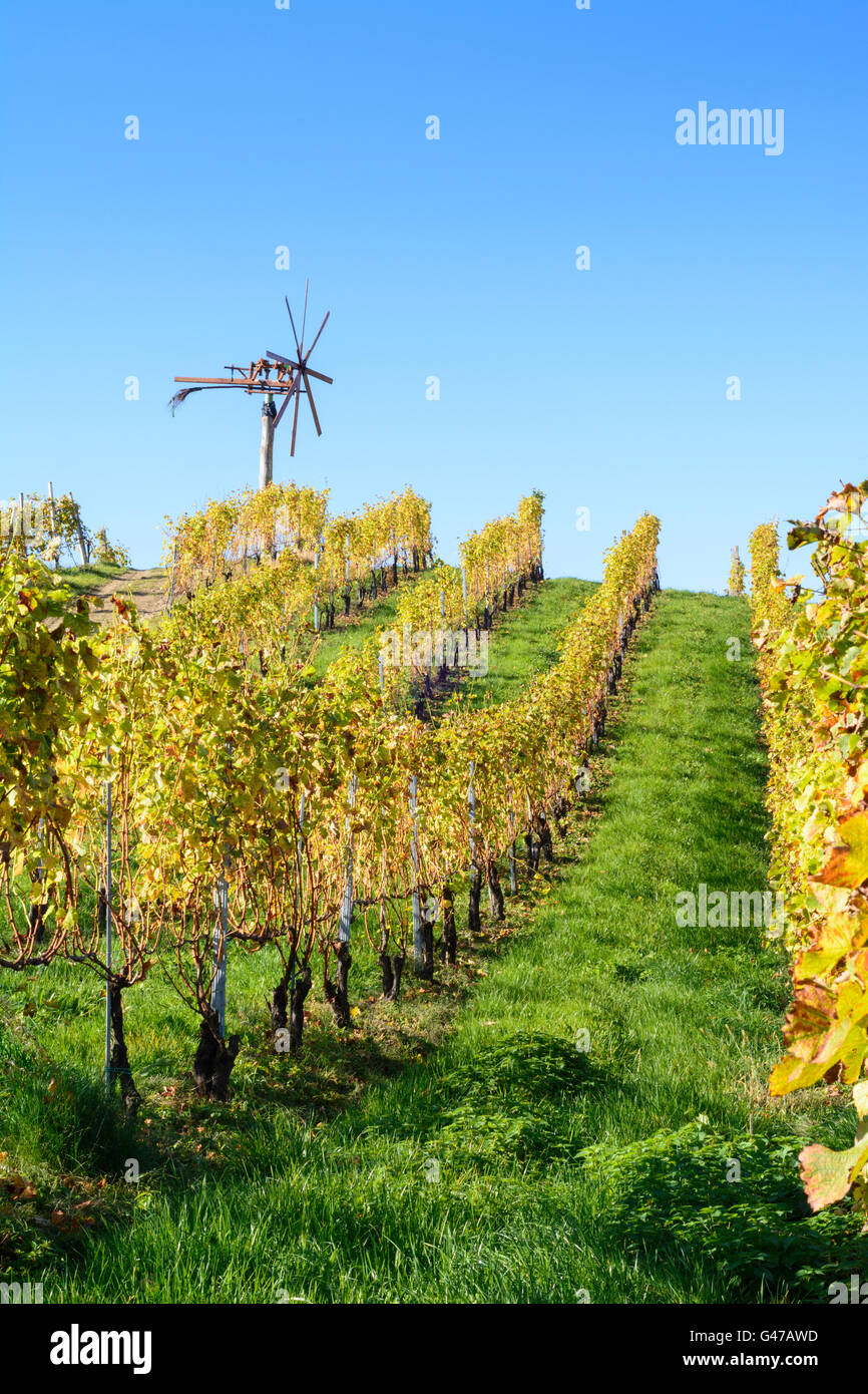 Vineyards and Klapotetz  (wind wheel used as bird scarer) - South Styrian Wine Road, Austria, Steiermark, Styria, Südwest-Steier Stock Photo
