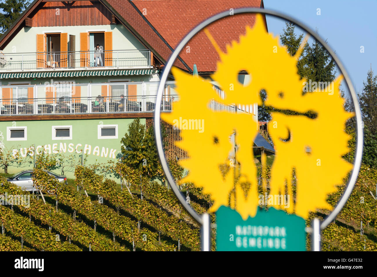 Sign ' Nature Park South Styrian Wine Country ' and vineyards - South Styrian Wine Road, Austria, Steiermark, Styria, Südwest-St Stock Photo