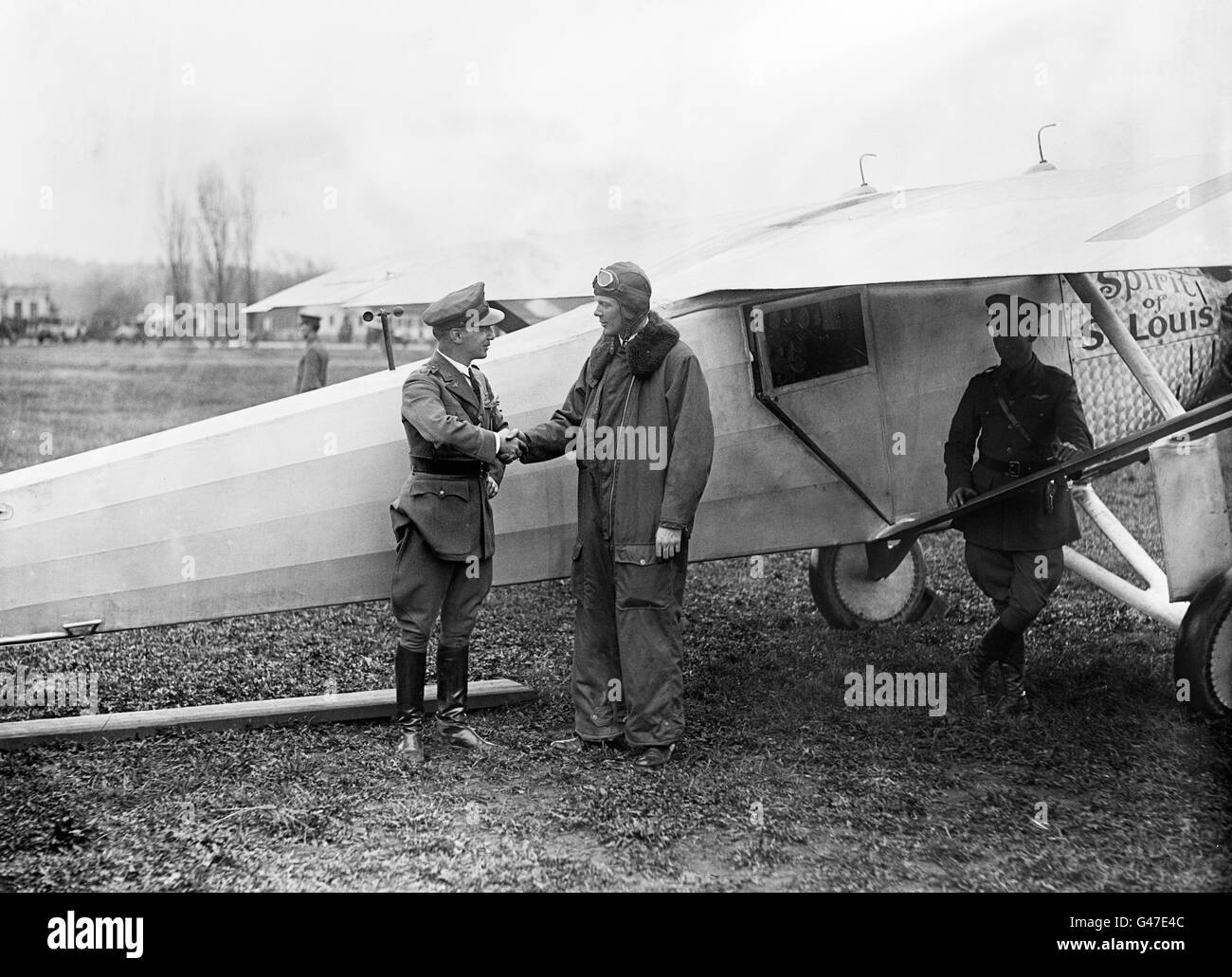 Charles Lindbergh (1902-1974) with his airplane 'Spirit of St. Louis'. Photo from Harris and Ewing, 1927 or 1928. Stock Photo