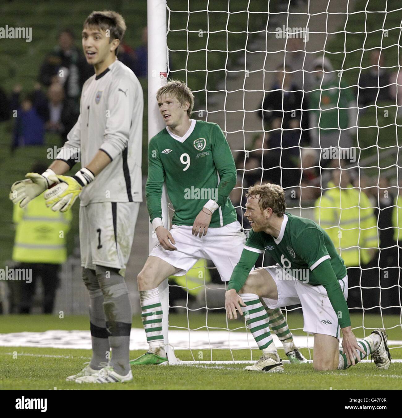 Republic of irelands andrew keogh centre after almost scoring goal hires stock photography and