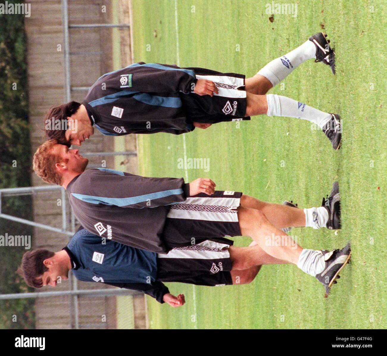 Head to Head: Italian, Gianfranco Zola (right) and Swede, Erland Johnsen (left) during Chelsea's pre-match training session at Harlington in west London today (Thursday) in preparation for their team's forthcoming FA Cup Final clash against Middlesbrough this Saturday. Photo by Justin Williams/PA. Stock Photo