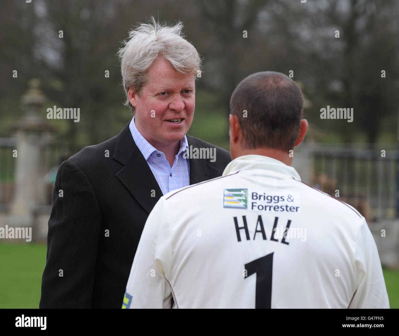 Cricket - Liverpool Victoria County Championship - Division Two - Northamptonshire CCC Photocall 2011 - Althorp House. Northamptonshire's Andrew Hall talking to Earl Spencer Stock Photo