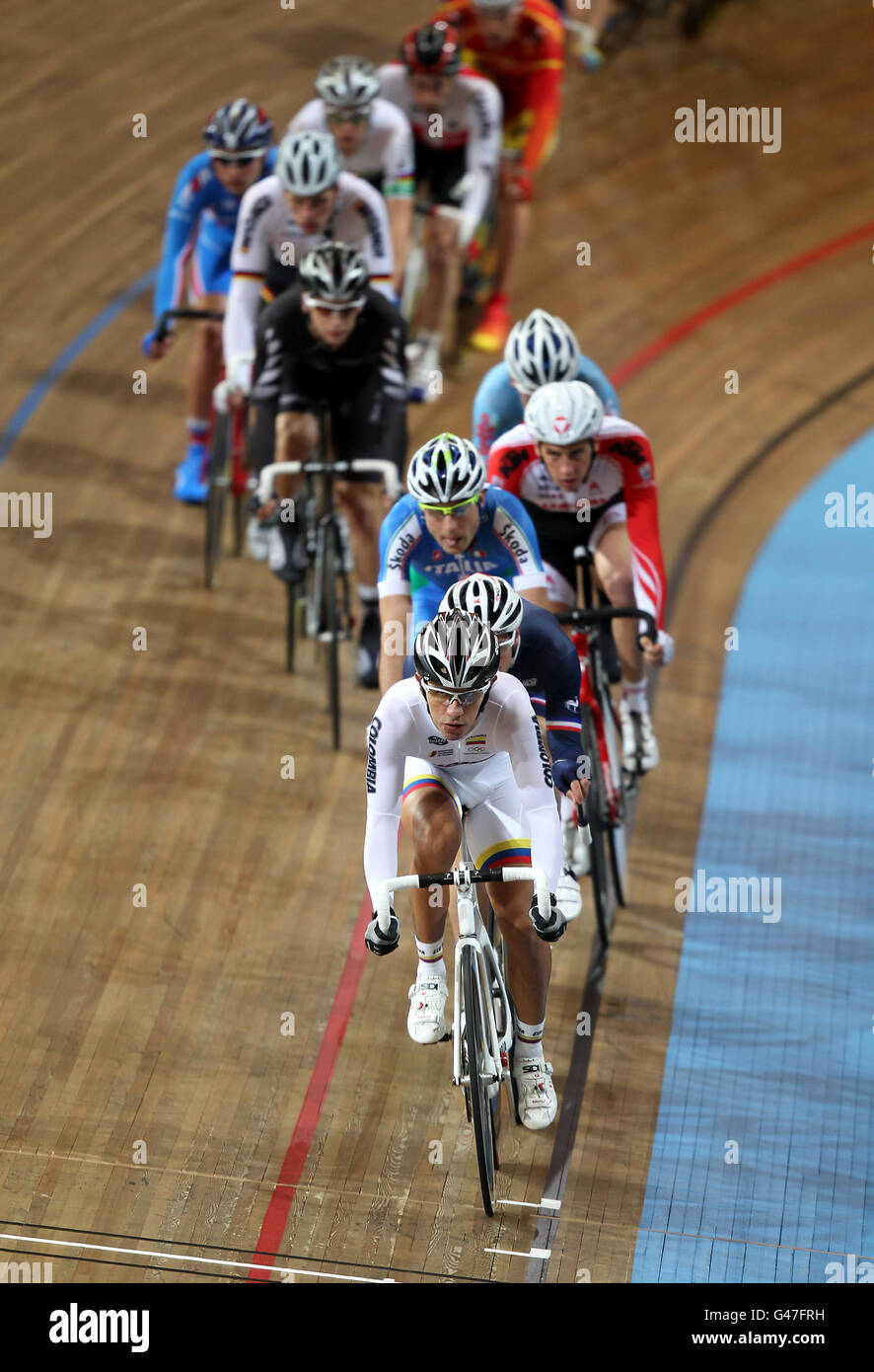 Carlos Alberto Uran Arroyave leads the Men's Madison during day five of the UCI Track Cycling World Championships at Omnisport, Apeldoorn, Holland. Stock Photo