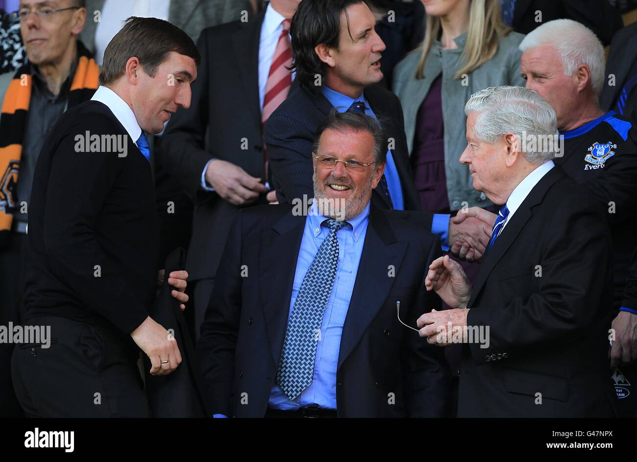 Everton reserve team manager Alan Stubbs (left) and Life President Sir Philip Carter (right) in the stands Stock Photo