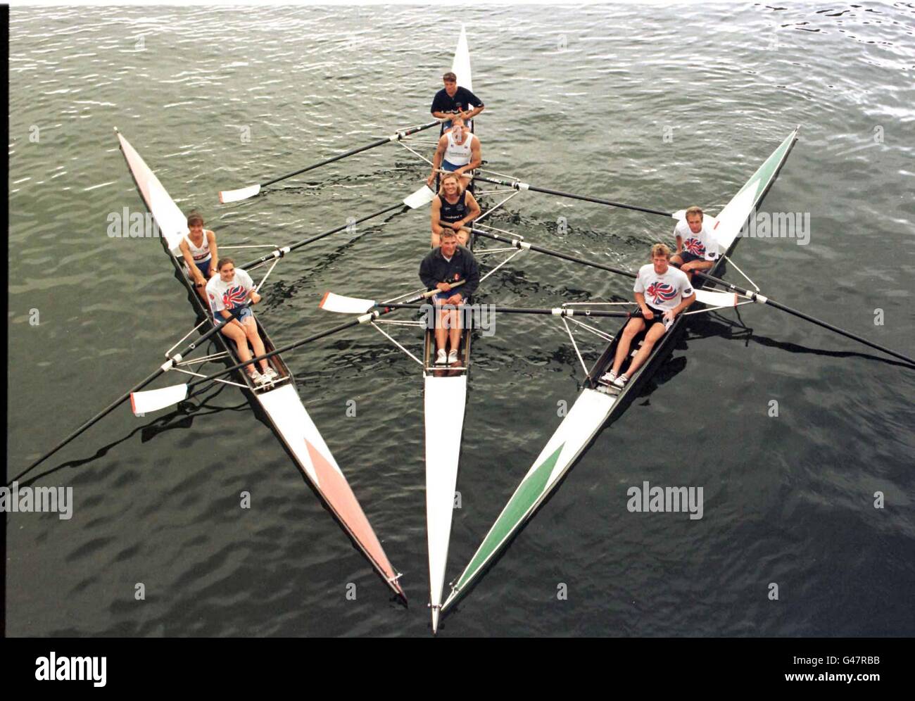 The World Rowing Championship Team (Left) Coxless pairs (Women) (back) Dot Blackie (Front) Cath Bishop, Centre Coxless Fours (Back) James Cracknell, Steve Redgrave, Tim Forster, Matthew Pinsent, (Richt) Coxless Pairs (Back) Robert Thatcher (Front) Ben Hunt-Davis which was announced at the Leander Club Henley on Thames today (Thursday). Photo Tim Ockenden /PA. Stock Photo