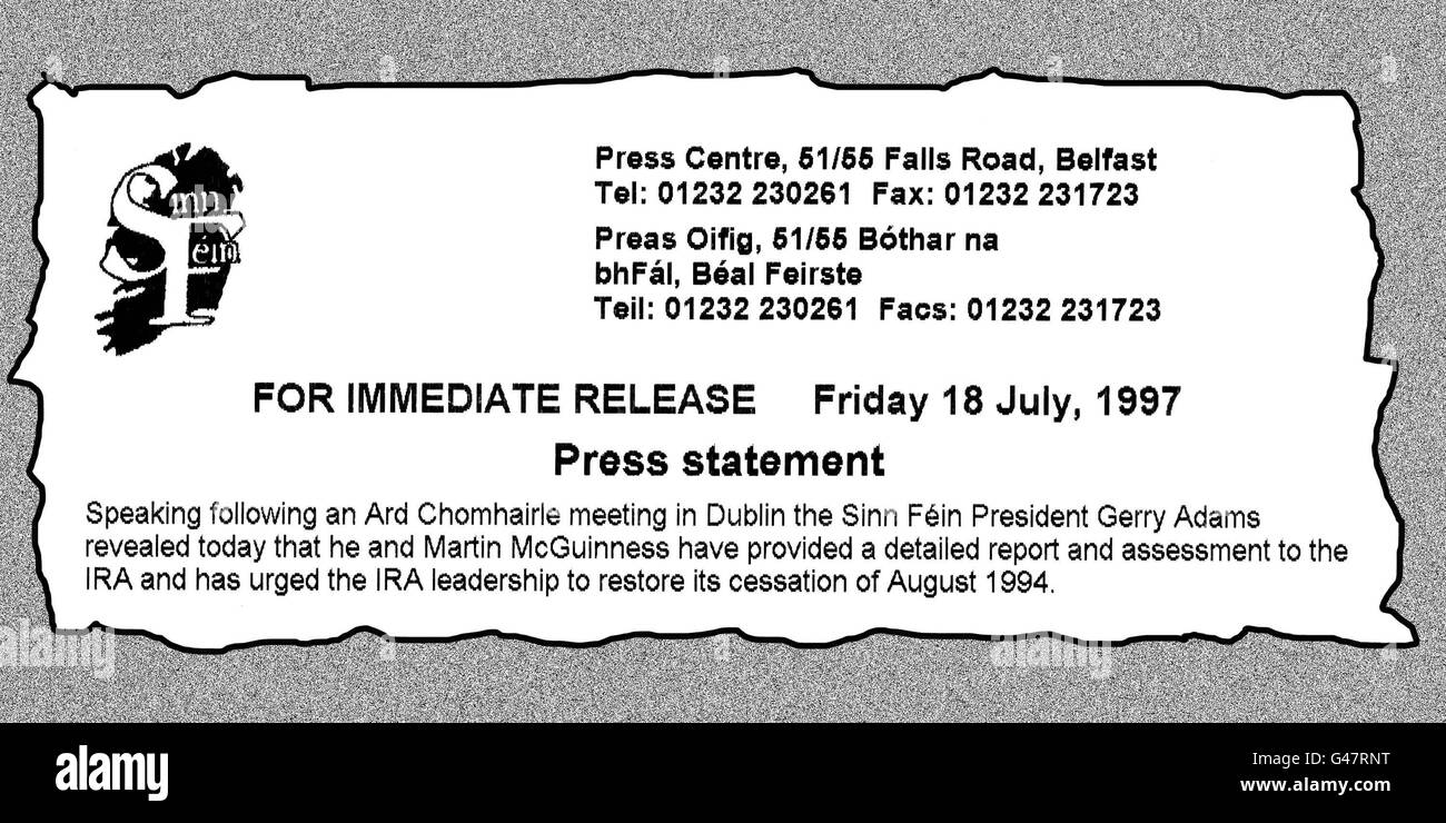 The beginning of an official press release issued by Sinn Fein today (Friday) in which leader Gerry Adams called on the IRA leadership to restore the ceasefire. The last cessation of action by the terrorist group ended in February 1996 with the bombing of London's Docklands area. PA. SEE PA STORY ULSTER IRA. Stock Photo