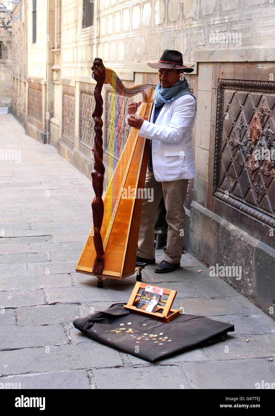 In Barcelona troubadours play classical instruments. Stock Photo