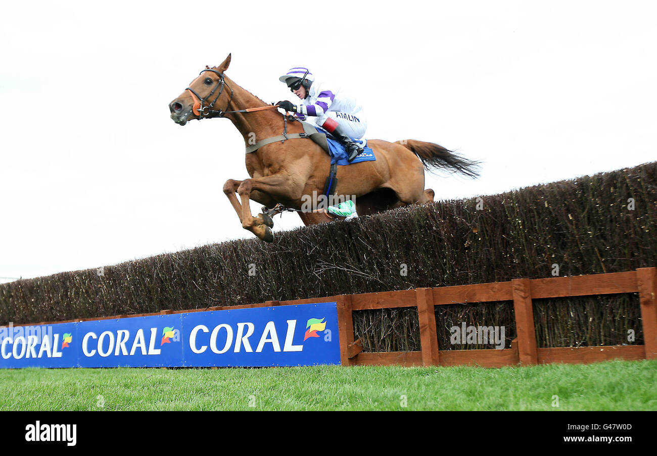 Beshabar riden by Richard Johnson (purple and white) goes on to win The Coral Scottish Grand National Handicap Steeple Chase during day one of the Coral Scottish Grand National Festival at Ayr Racecourse, Ayr. Stock Photo