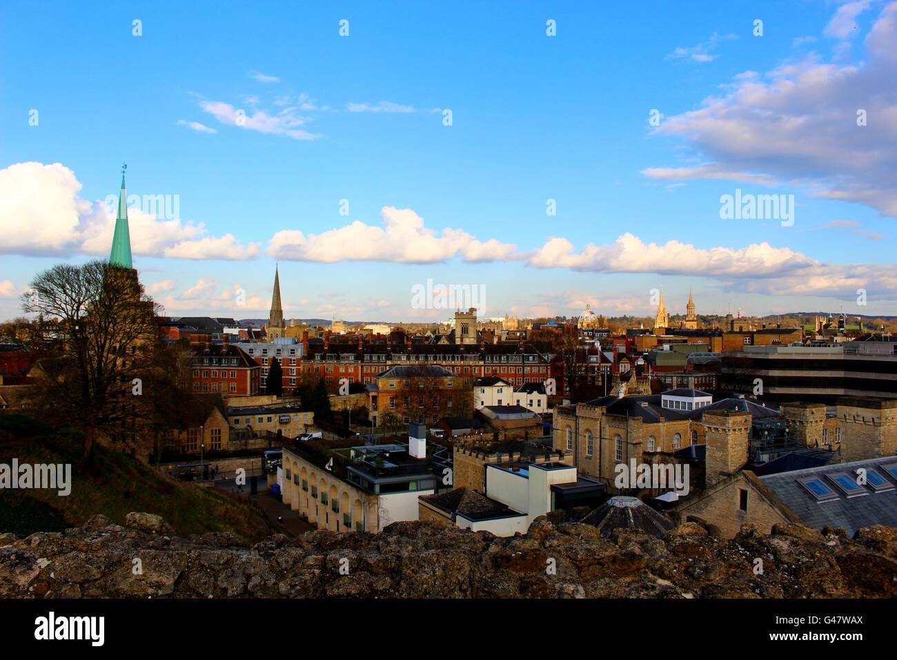 The view from Oxford Castle looking out over the city of spires. Stock Photo