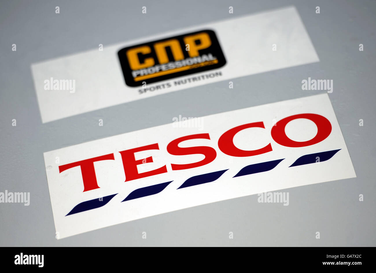 Cycling - Tesco Rutland - Melton International CiCLE Classic. Detailed view of Tesco and CNP Professional signage on one of the Official cars Stock Photo