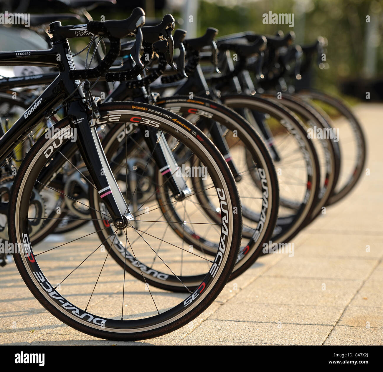 General view of the bikes of the Rapha Condor Sharp team all lined