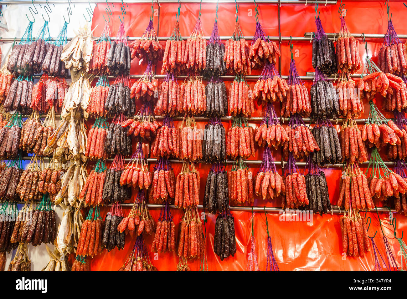 A variety of Chinese sausages for sale in Singapore Chinatown. Made