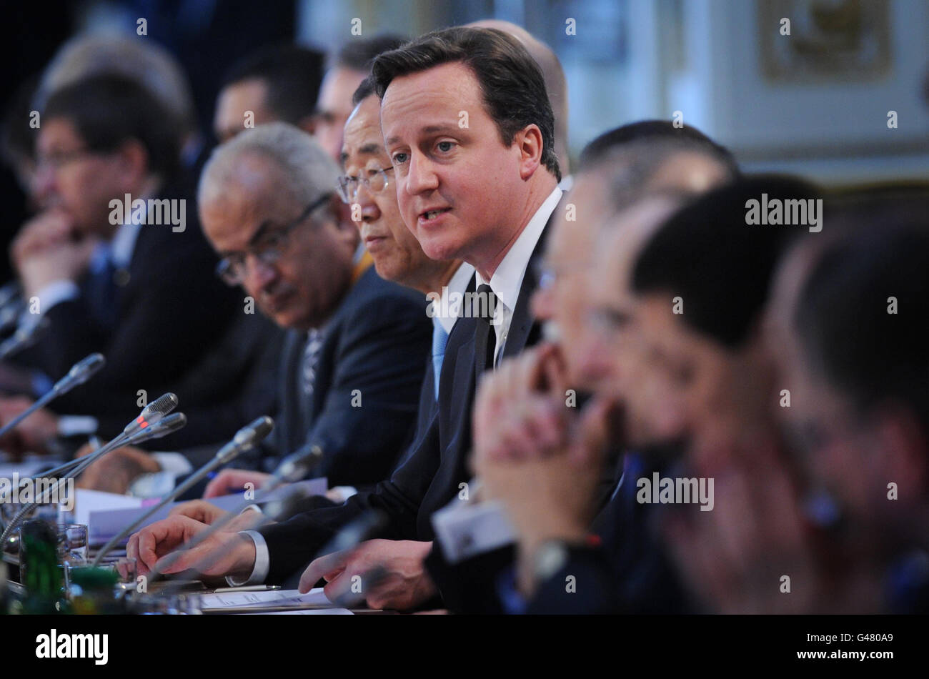 British Prime Minister David Cameron speaks at the opening of the Libyan Conference in London. Stock Photo