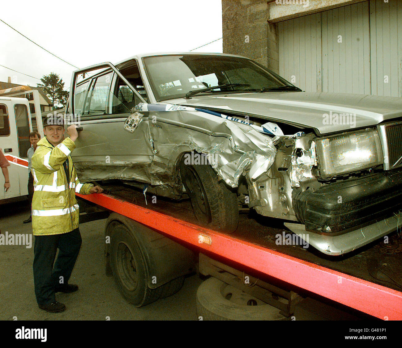 The volvo involved in a head-on collision with Camilla Parker Bowles in her Ford Mondeo last night arrives severly dented at a local garage (Thursday). Mrs Parker Bowles, who suffered a severe blow to the head was taken to the Prince of Wales's Highgrove Estate after the collision which occured at a well-known black spot near Malmesbury. See PA story ACCIDENT Camilla.PA PHOTO. Stock Photo