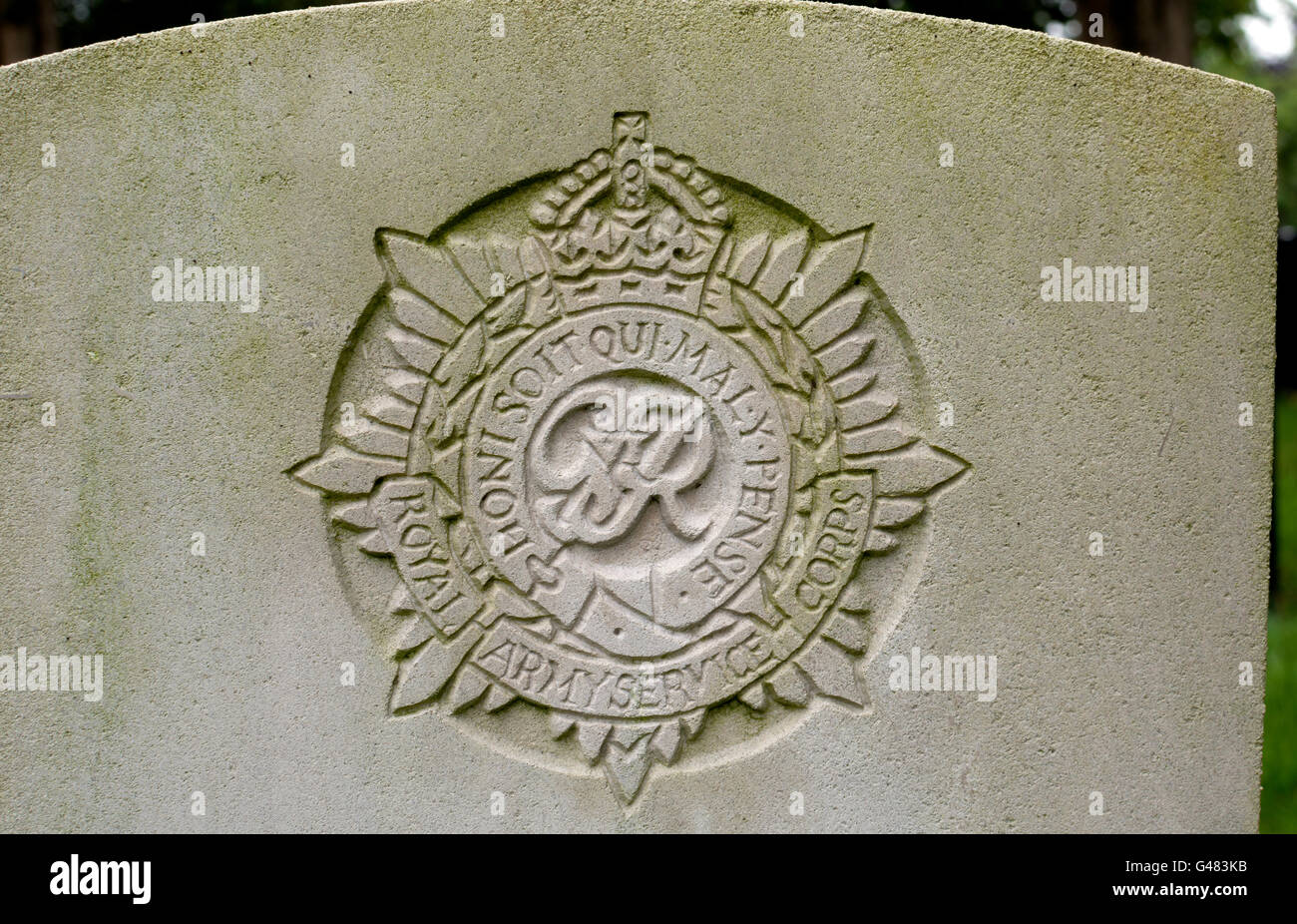 Royal Army Service Corps badge on a war grave, UK Stock Photo