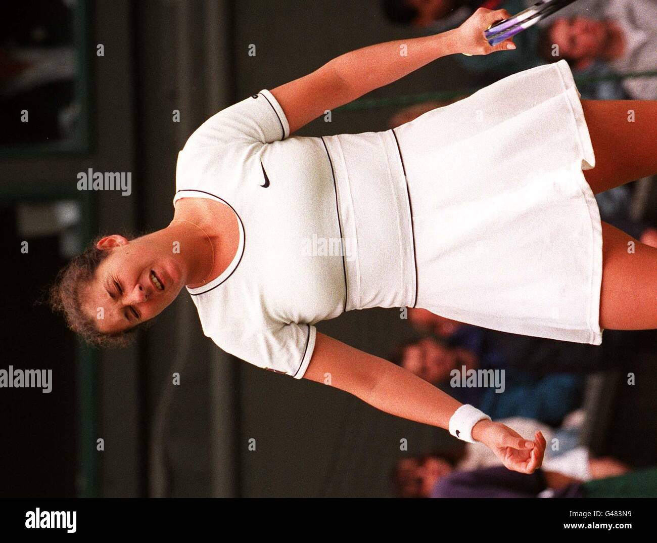 Monica Seles reacts after missing a point during her second round match against compatriot Kristina Brandi on Centre Court this afternoon (Sunday). Seles eventually won 5-7 6-3 6-3. Photo by Adam Butler/PA. Stock Photo