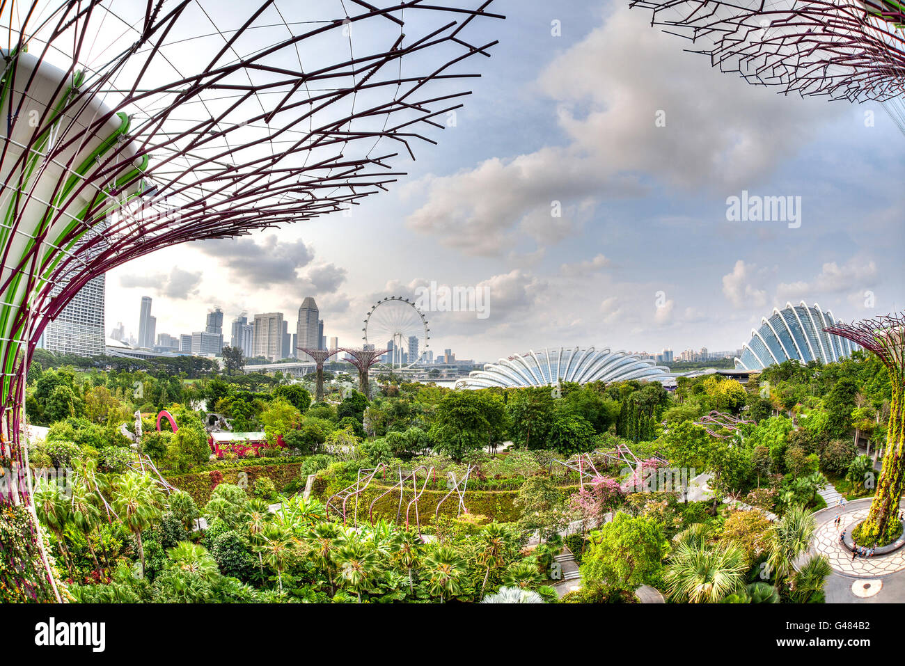 Singapore, Singapore - July 13, 2015: Aerial view of the city skyline from the Supertree Grove Skywalk at Gardens by the Bay. Stock Photo