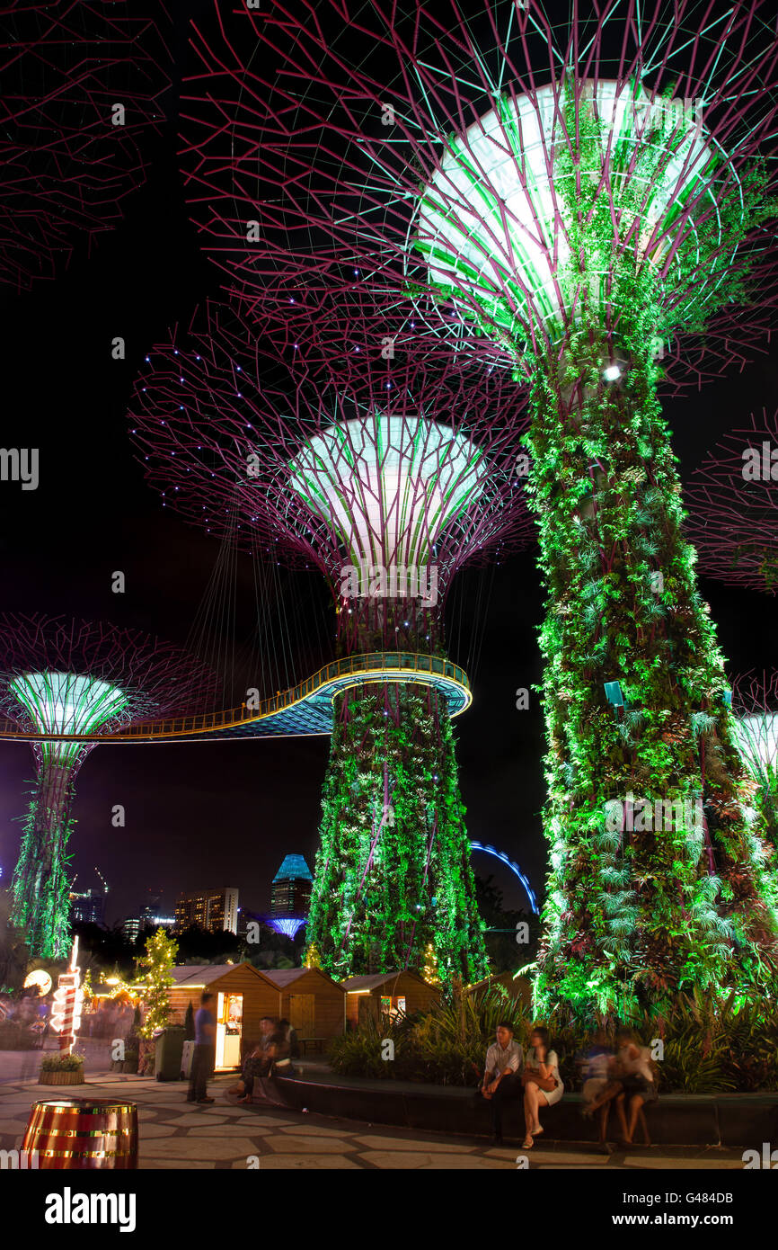 Singapore, Singapore - December 9, 2014: Visitors gather around the Supertree Grove at Gardens by the Bay in Singapore. The nigh Stock Photo