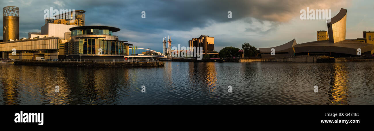Lowry theatre and Imperial War Museum North at Salford Quays, panorama Stock Photo
