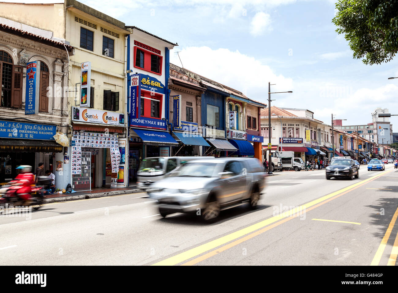 Singapore, Singapore - March 24, 2015: Old vintage shophouses along Little India in Singapore. Stock Photo