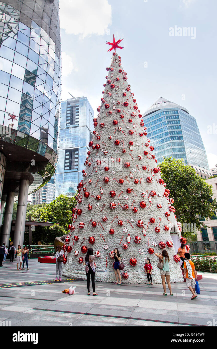 Singapore, Singapore – December 10, 2014: Shoppers and tourists take pictures of a Christmas tree in Orchard Road. Stock Photo