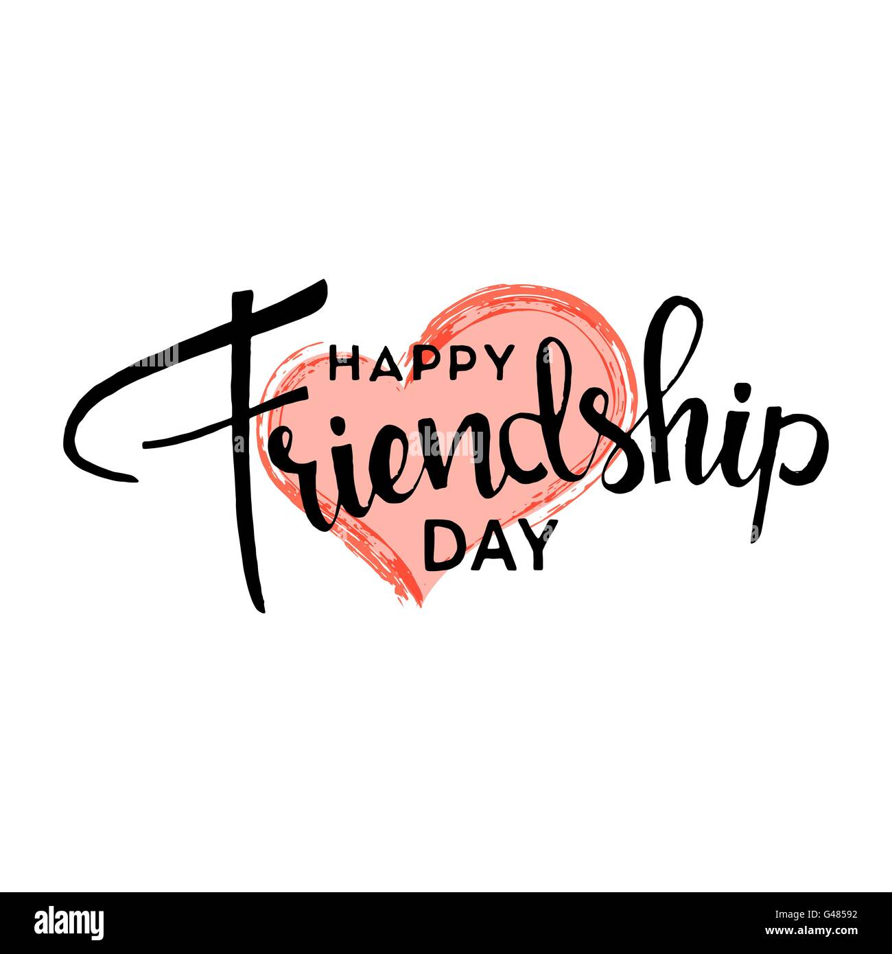 Happy friendship day. Handwritten lettering. Modern Calligraphy. Vector lettering with heart brush texture on white background. Stock Vector