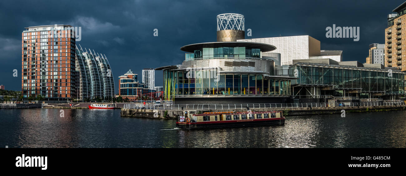 Salford Quays after storm, Lowry Theatre, panorama Stock Photo