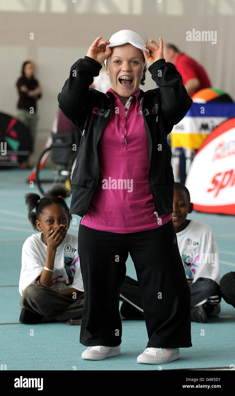 Ellie Simmonds MBE, Paralympic gold medallist plays Goalball with London schoolchildren at a press call for the 'Sainsbury's launches 1 Million Kids Challenge' at the Lee Valley Athletics Centre, London. Stock Photo