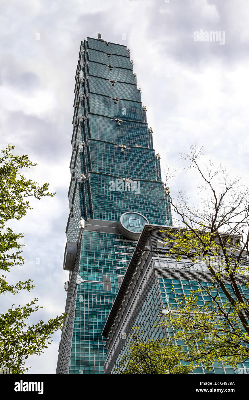 Taipei 101 in Taipei City, Taiwan. At 509 meters, it is the world's tallest and largest green building. Stock Photo