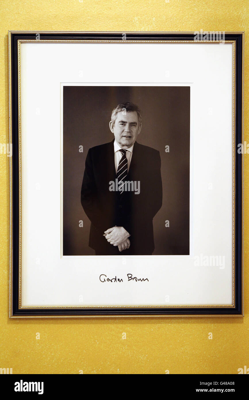 A photographic portrait of former British Prime Minister Gordon Brown hangs at Number 10 Downing Street in London, England. Stock Photo