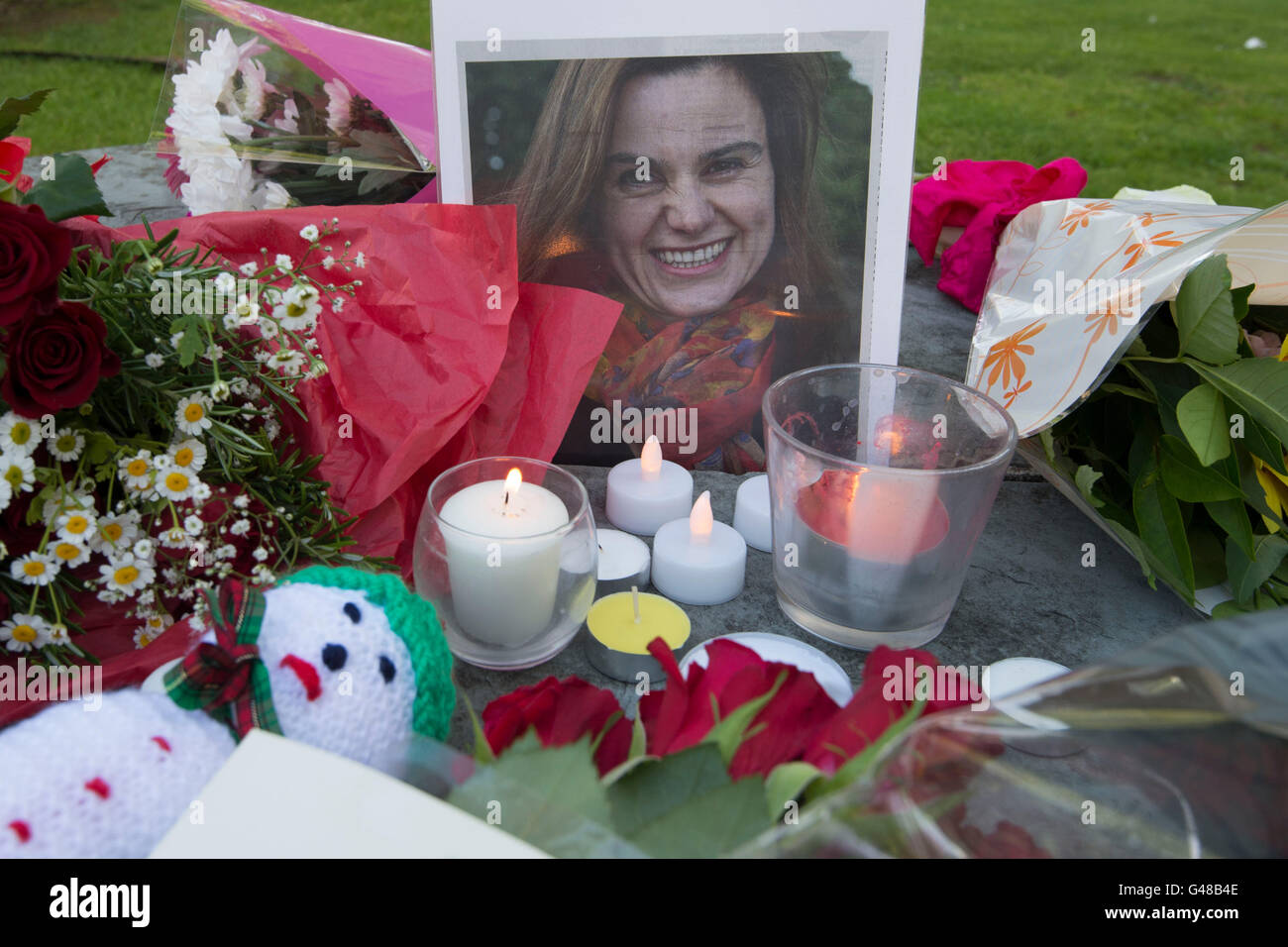 Floral tributes for Labour MP Jo Cox who was killed after being shot while in her constituency Batley and Spen. Stock Photo