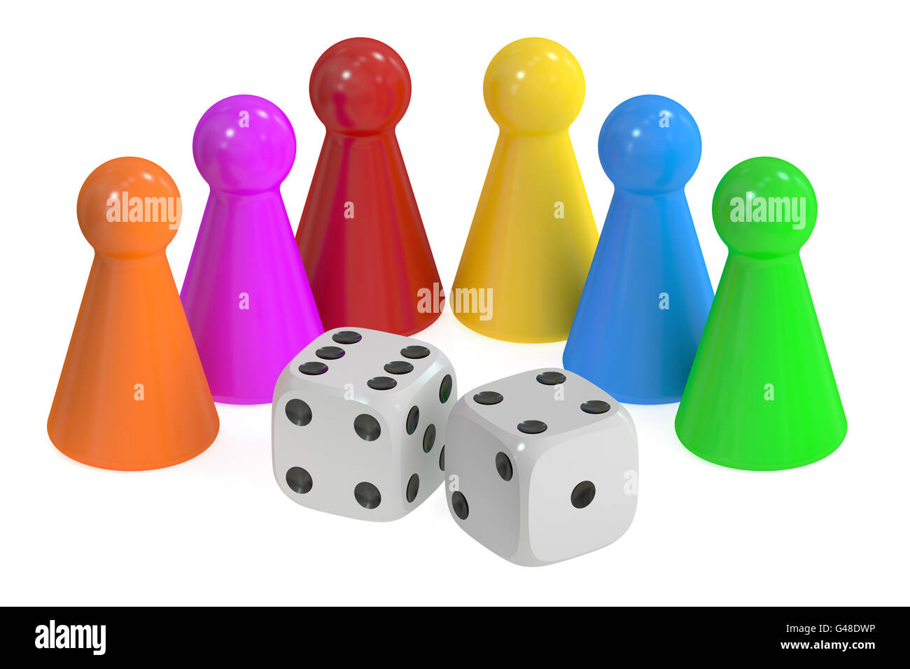 Board Game Pieces and Dices, 3D rendering isolated on white background
