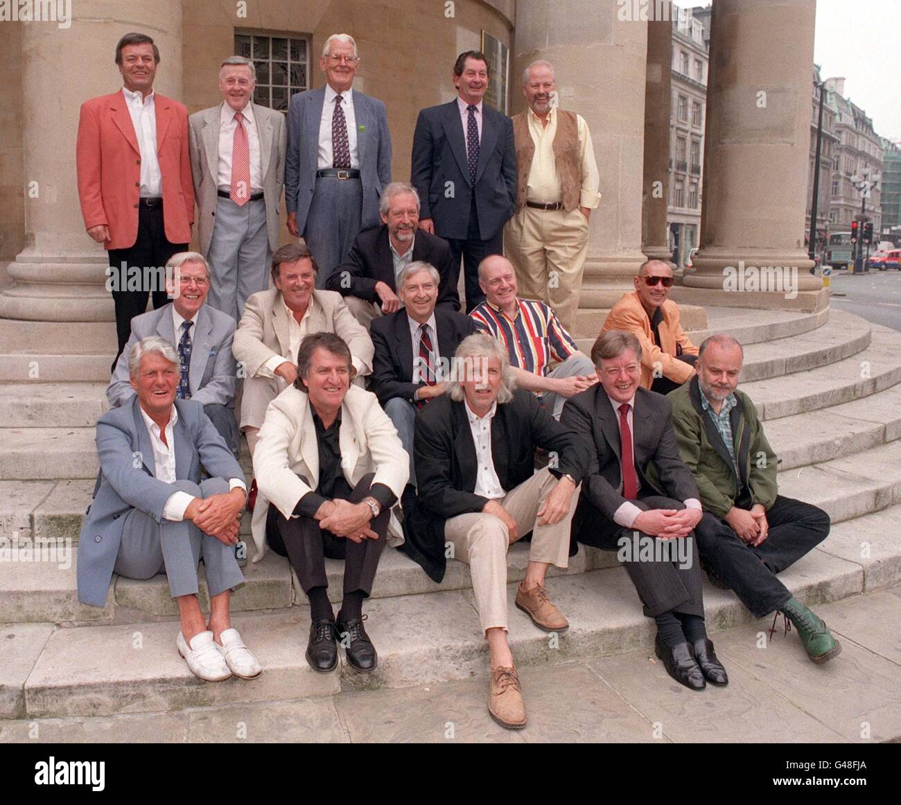 Fifteen of the original Radio 1 DJ's line-up on the steps of All Soul's Church, central London, in a recreation of the original publicity photograph taken 30 years ago that launched the new station. * (L-R) Back row: Tony Blackburn, Jimmy Young, Robin Scott (1st Controller), Duncan Johnson (squatting), Dave Cash and Pete Brady; Middle Row: Bob Holness, Terry Wogan, Keith Skues, Chris Denning and Pete Myers; Front row: Pete Murray, Ed Stewart, Pete Drummond, Mike Ahern and John Peel. Those missing from the original picture are Barry Aldiss, Kenny Everett and Mike Raven, all deceased; Mike Stock Photo