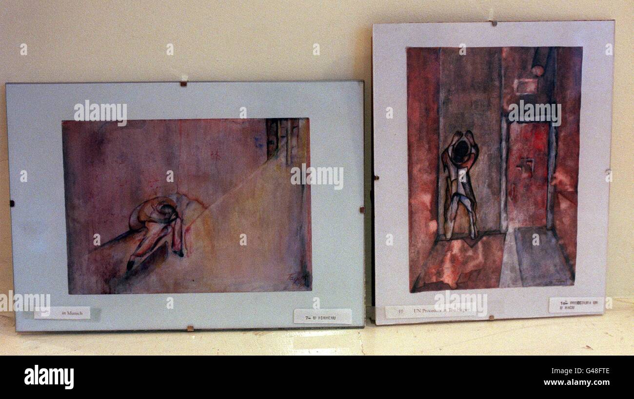 Paintings in London's Charterhouse restaurant by Bosnian war crimes prisoner Dusan Tadic. The 41-year-old Serb, sentenced to 20 years by a Hague tribunal, has been hailed as an 'impressive' artist after his work went on display at the City of London eating house. These paintings are entitled 'in Munich' (left), and 'UN Procedure in the Hague'. Photo by Fiona Hanson/PA. SEE PA STORY ARTS Criminal. Stock Photo