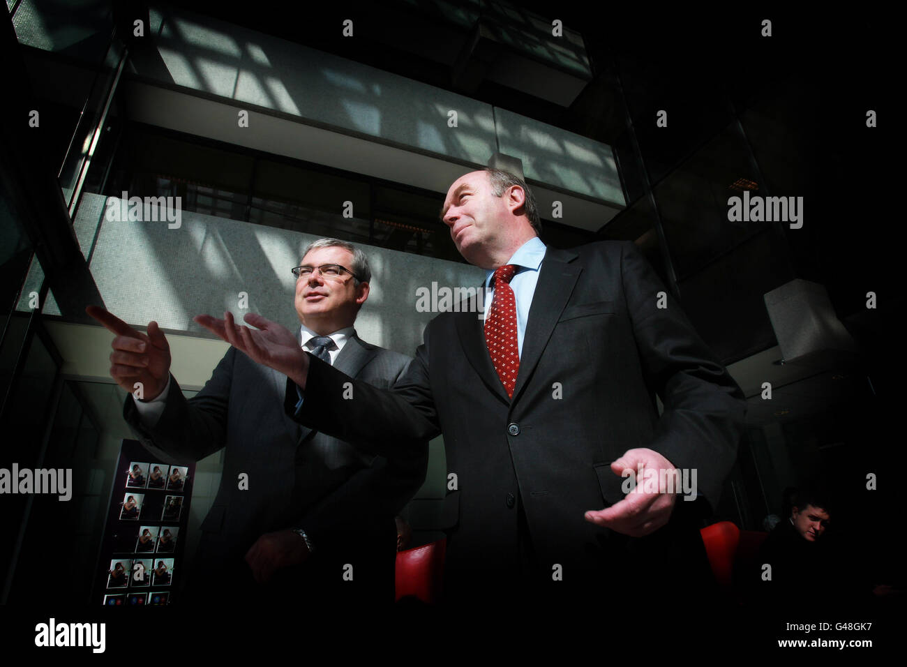Chief Financial Officer Bernard Byrne (left) and Executive Chairman David Hodgkinson of Allied Irish Banks (AIB) at AIB Bankcentre in Ballsbridge, Dublin, as the bank announced it expects to axe more than 2,000 jobs by the end of next year. Stock Photo
