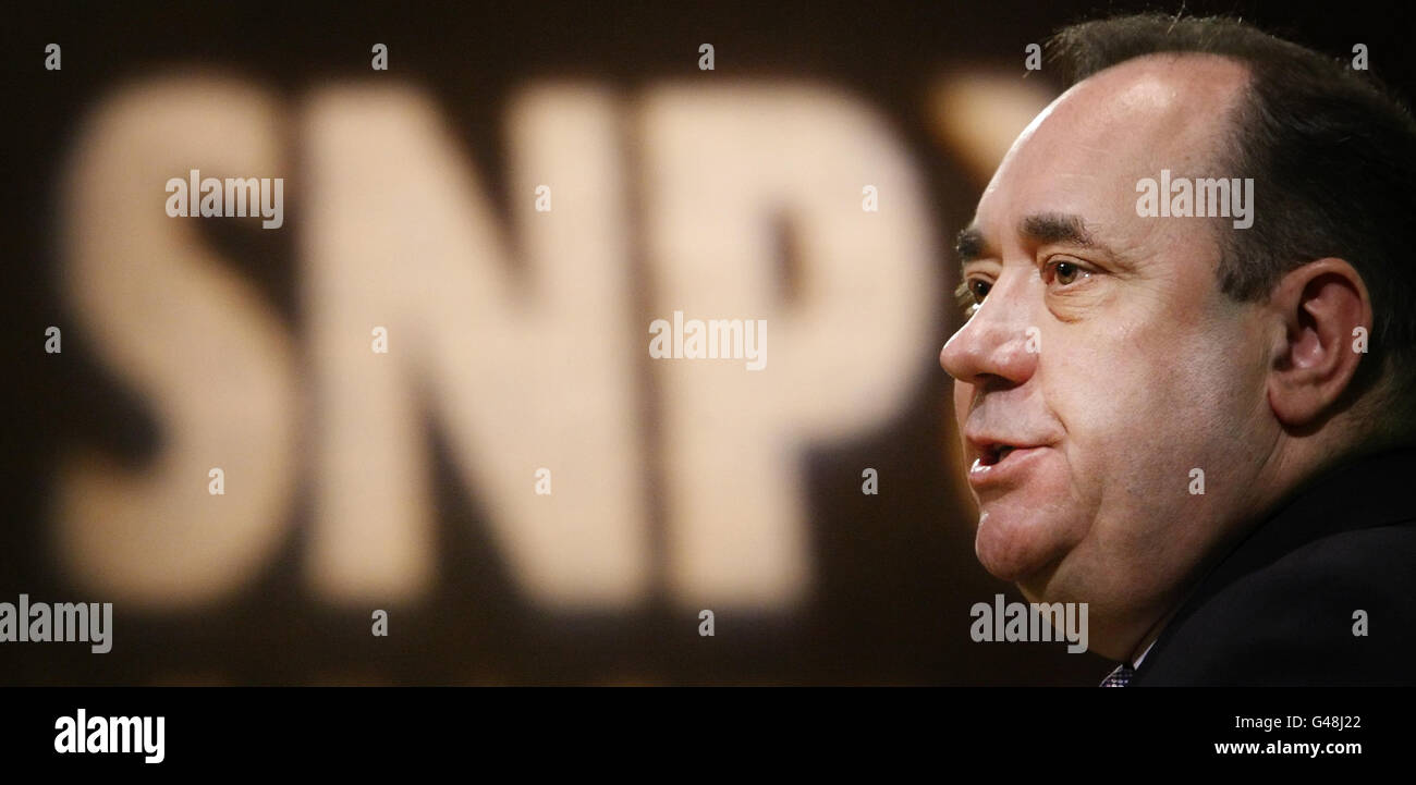 SNP Leader Alex Salmond during the launch of the SNP manifesto at the Royal Scottish Academy of Music and Drama in Glasgow. Stock Photo