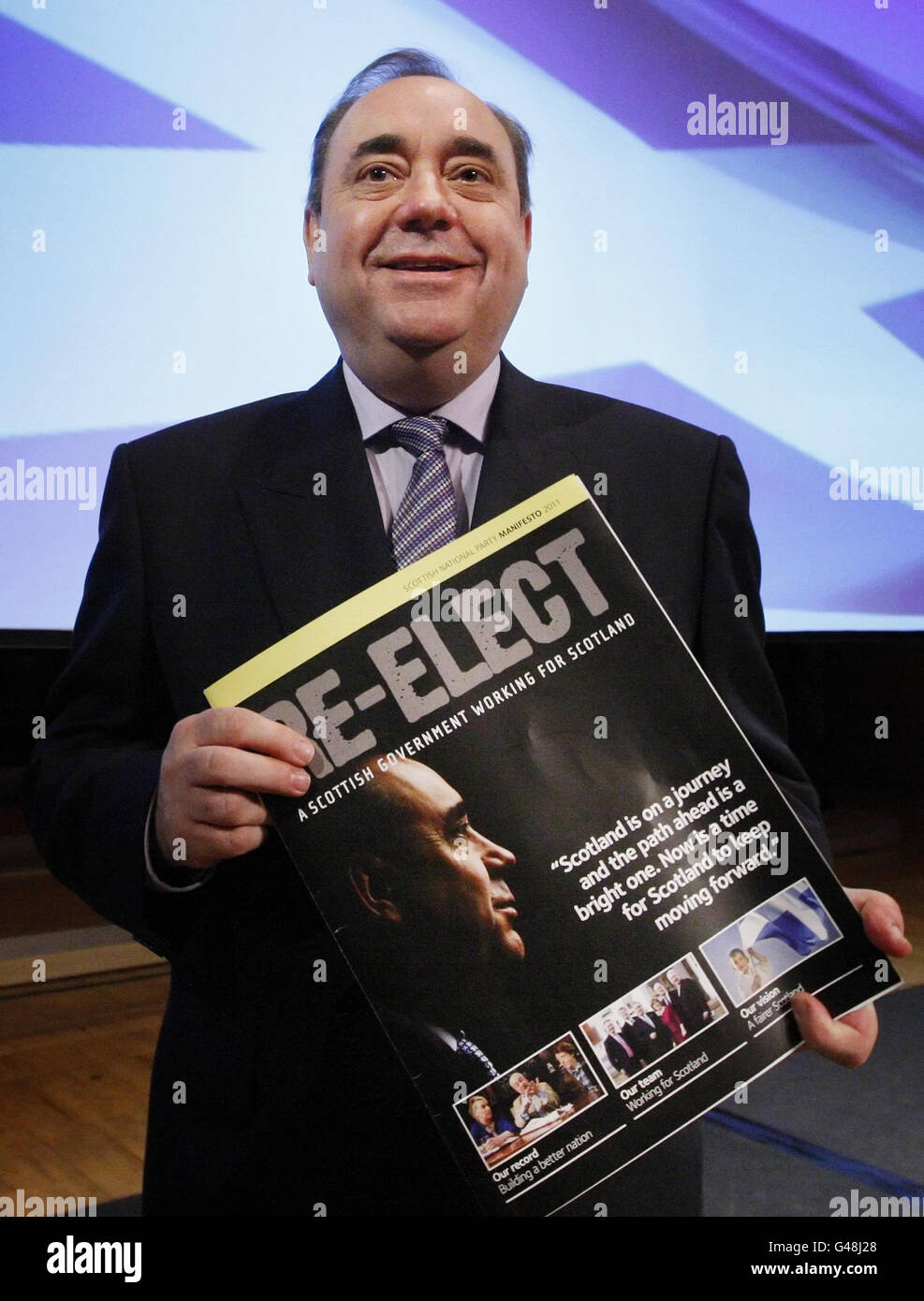 SNP Leader Alex Salmond during the launch of the SNP manifesto at the Royal Scottish Academy of Music and Drama in Glasgow. Stock Photo