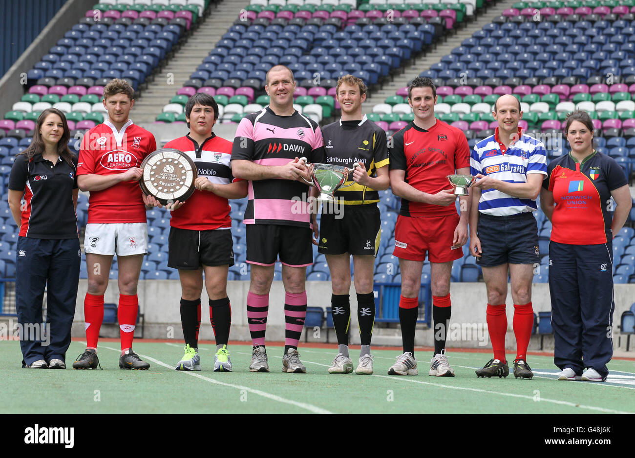 (Left to right) Murrayfield Wanderers player Ruth Slaven, Hawick YM player Craig Robson, Lasswade player Mark Billingham, Ayr player Damien Kelly, Melrose player Scott Wight, Duns player Dale Robertson, Strathendrick player Dougie Porteous and Hillhead/Jordanhill player Lyndsey Smith during the National Club Finalists Photocall at Murrayfield, Edinburgh. Stock Photo