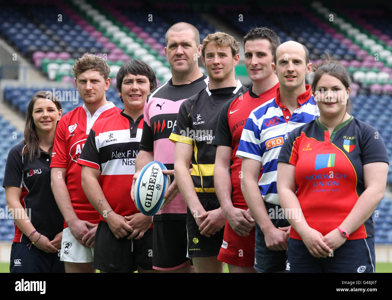 (Left to right) Murrayfield Wanderers player Ruth Slaven, Hawick YM player Craig Robson, Lasswade player Mark Billingham, Ayr player Damien Kelly,Melrose player Scott Wight, Duns player Dale Robertson, Strathendrick player Dougie Porteous and Hillhead/Jordanhill player Lyndsey Smith during the National Club Finalists Photocall at Murrayfield, Edinburgh. Stock Photo